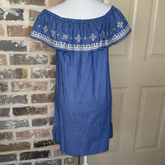 NWT Joy Joy Boho Off Shoulder Chambray Mini Dress Western Embroidery - Picture 5 of 12